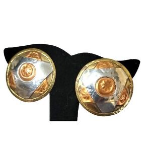 Vintage Mixed Metal Large Round Clip-on Earrings, Star & Flowers, Copper